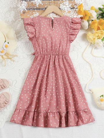 Young Girl Polka Dot Print Waist Tie Short Sleeve A-Line Dress