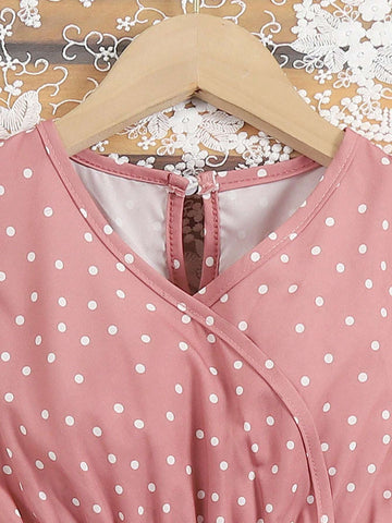 Young Girl Polka Dot Print Waist Tie Short Sleeve A-Line Dress