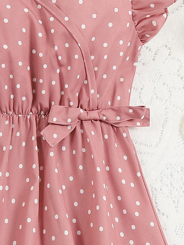 Young Girl Polka Dot Print Waist Tie Short Sleeve A-Line Dress