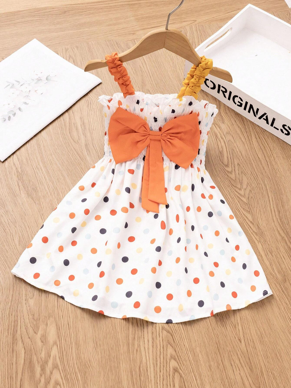 Young Girl Polka Dot Printed Bowknot Decor Front Button Suspender Dress