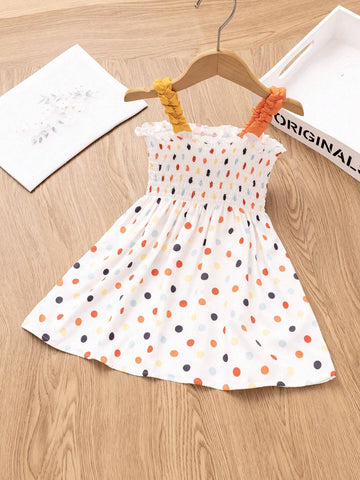 Young Girl Polka Dot Printed Bowknot Decor Front Button Suspender Dress