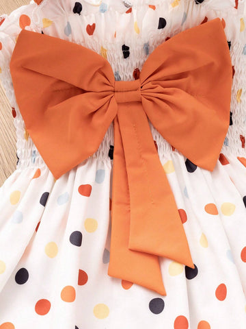 Young Girl Polka Dot Printed Bowknot Decor Front Button Suspender Dress