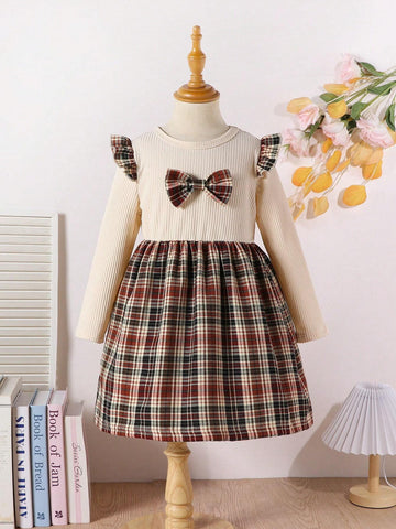 Young Girl Preppy Style Plaid Patchwork Bow Decor Dress