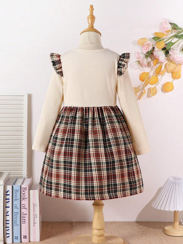 Young Girl Preppy Style Plaid Patchwork Bow Decor Dress