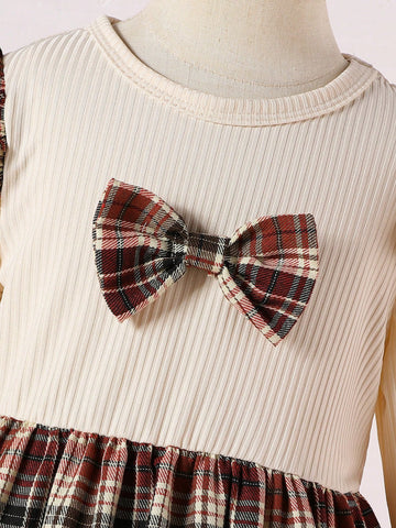Young Girl Preppy Style Plaid Patchwork Bow Decor Dress