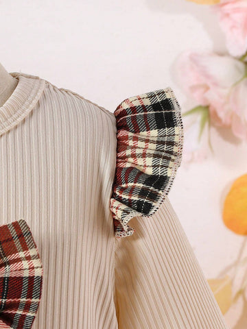 Young Girl Preppy Style Plaid Patchwork Bow Decor Dress