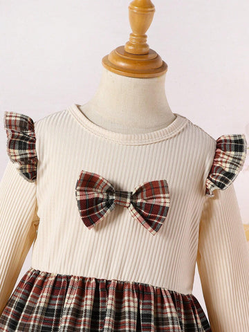 Young Girl Preppy Style Plaid Patchwork Bow Decor Dress