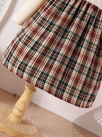Young Girl Preppy Style Plaid Patchwork Bow Decor Dress