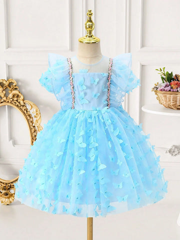 Young Girl Princess Dress, 3D Butterfly Decor Party Dress