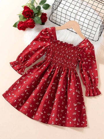 Young Girl Printed Elegant And Lovely Floral Print Long-Sleeved Dress For Spring And Summer Vacation