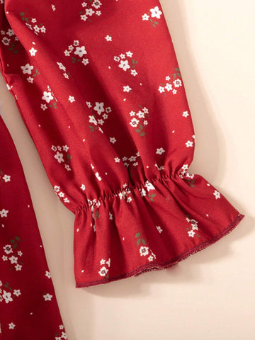 Young Girl Printed Elegant And Lovely Floral Print Long-Sleeved Dress For Spring And Summer Vacation