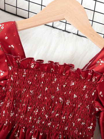 Young Girl Printed Elegant And Lovely Floral Print Long-Sleeved Dress For Spring And Summer Vacation