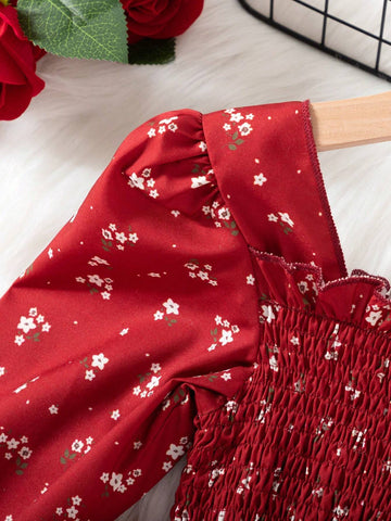 Young Girl Printed Elegant And Lovely Floral Print Long-Sleeved Dress For Spring And Summer Vacation