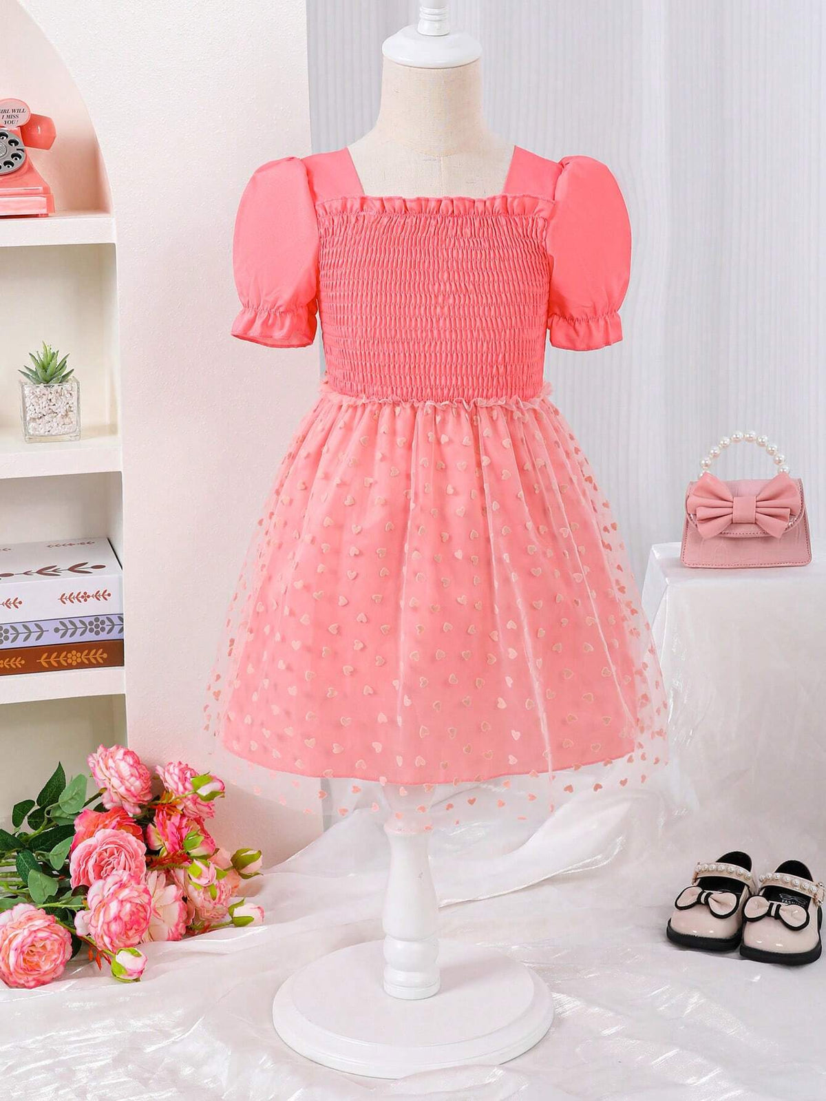 Young Girl Puff Sleeve Dobby Mesh Flare Hem Shirred Bodice Dress For Summer
