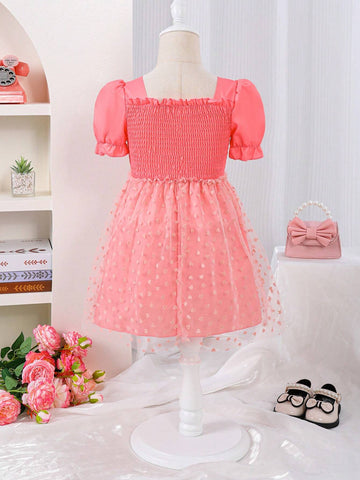Young Girl Puff Sleeve Dobby Mesh Flare Hem Shirred Bodice Dress For Summer
