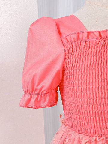 Young Girl Puff Sleeve Dobby Mesh Flare Hem Shirred Bodice Dress For Summer