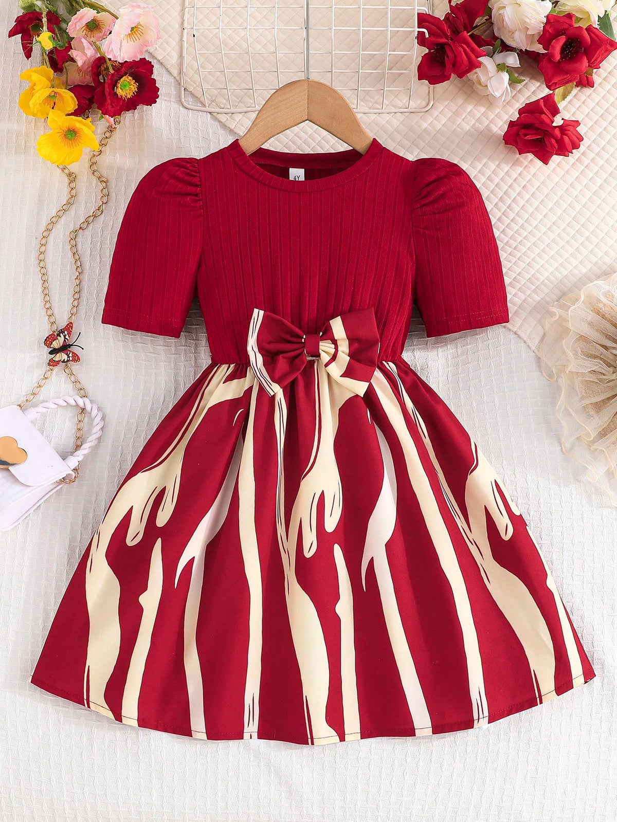 Young Girl Puff Sleeve Elegant High-End Asymmetrical Stripe Hem Waist Bow Decor Dress, Spring/Summer