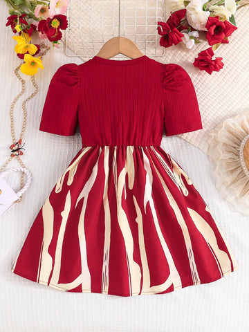 Young Girl Puff Sleeve Elegant High-End Asymmetrical Stripe Hem Waist Bow Decor Dress, Spring/Summer
