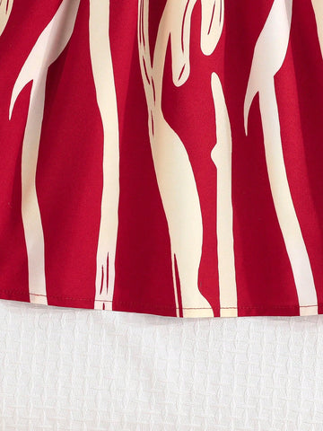 Young Girl Puff Sleeve Elegant High-End Asymmetrical Stripe Hem Waist Bow Decor Dress, Spring/Summer