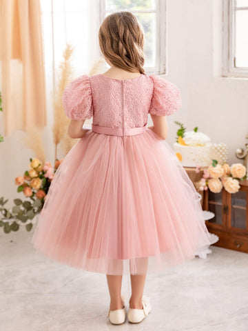 Young Girl Puff Sleeve Embroidered Mesh Princess Dress, Suitable For Birthday Party, Wedding, Flower Girl, Stage Performance