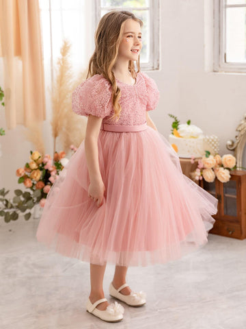 Young Girl Puff Sleeve Embroidered Mesh Princess Dress, Suitable For Birthday Party, Wedding, Flower Girl, Stage Performance