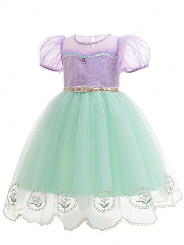 Young Girl Puff Sleeve Mesh Dress, Gorgeous Princess Dress-Up Costume, Suitable For Role-Playing Parties
