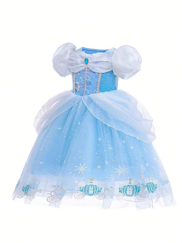 Young Girl Puffy Sleeve Dress Princess Gown Formal Occasion Costume Suitable For Halloween Cosplay Masquerade Birthday Party