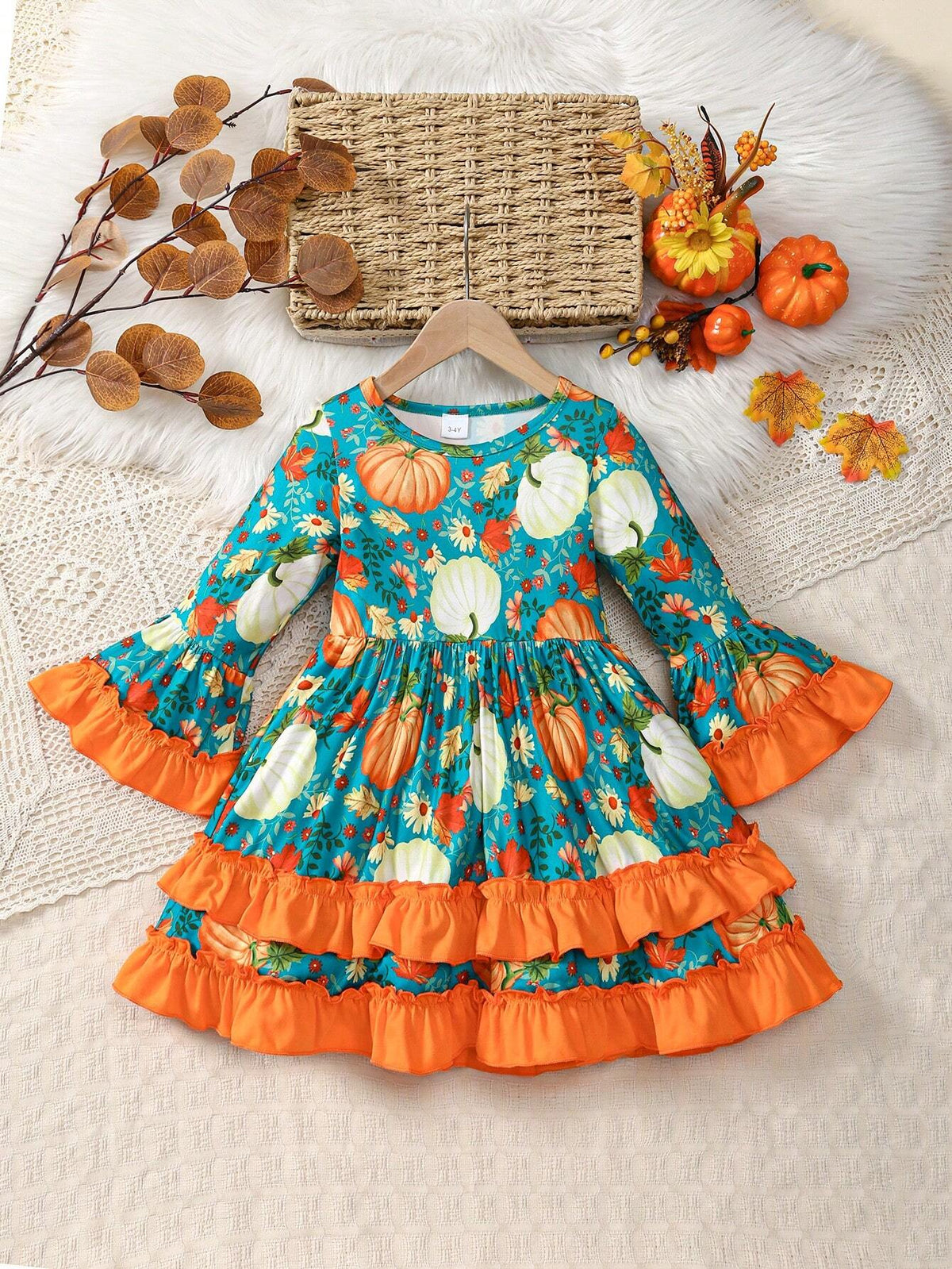 Young Girl Pumpkin Leaf Print Ruffled Hem Long Sleeve Round Neck Halloween Dress