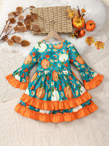 Young Girl Pumpkin Leaf Print Ruffled Hem Long Sleeve Round Neck Halloween Dress