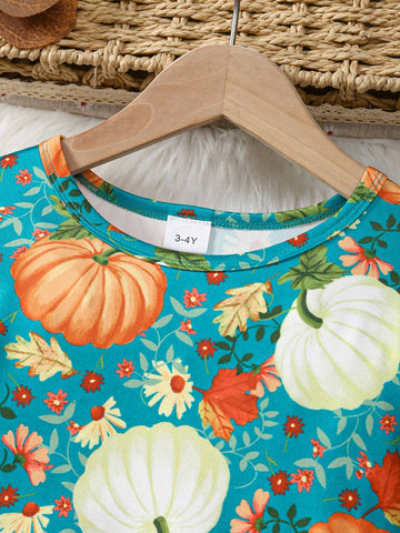 Young Girl Pumpkin Leaf Print Ruffled Hem Long Sleeve Round Neck Halloween Dress
