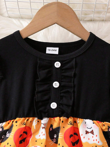 Young Girl Pumpkin Print Black Long Sleeve Ruffled Hem Cute Halloween Dress