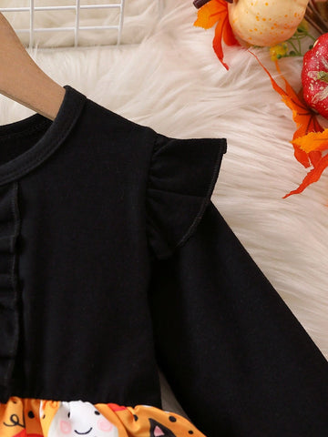 Young Girl Pumpkin Print Black Long Sleeve Ruffled Hem Cute Halloween Dress