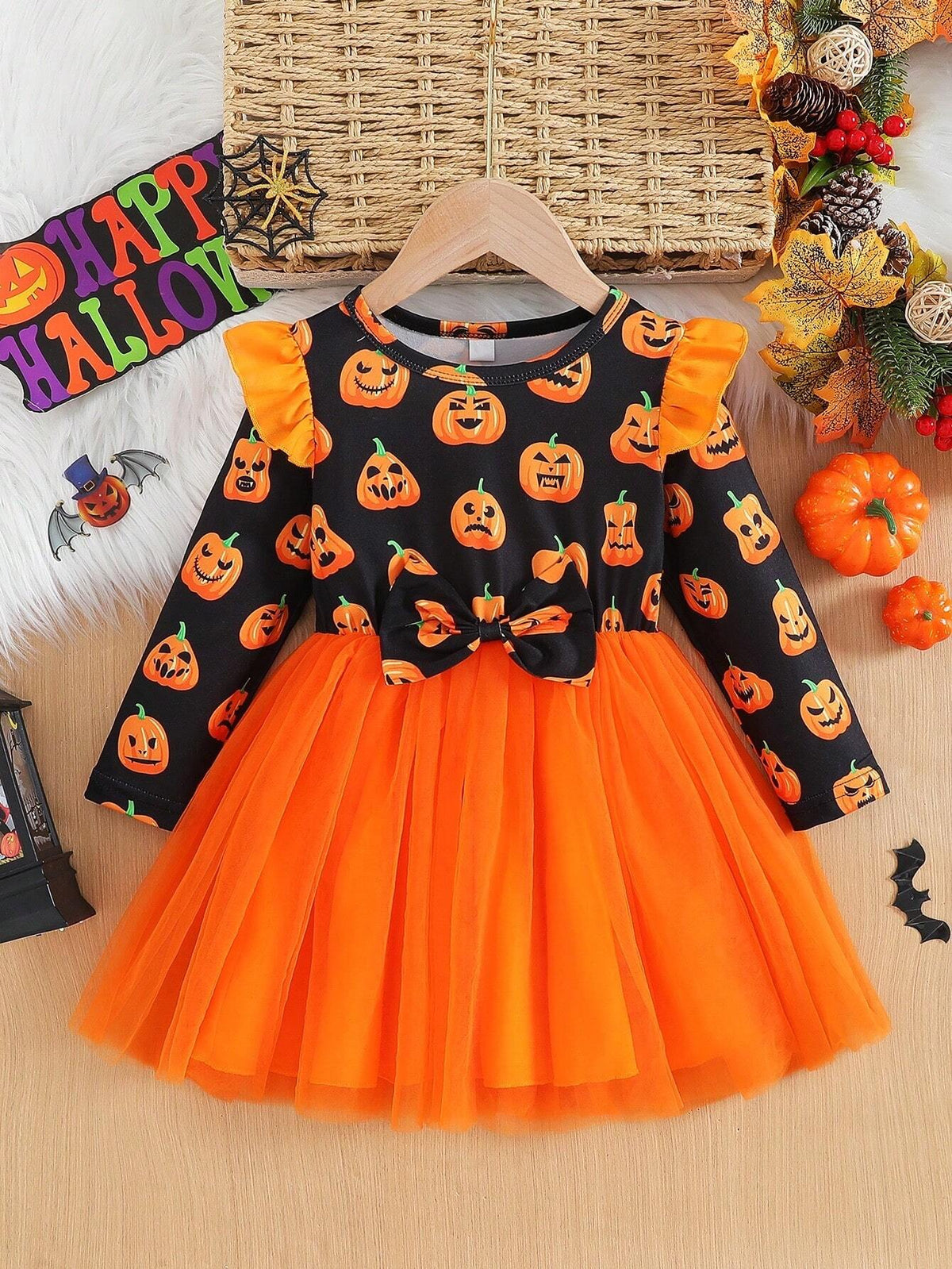 Young Girl Pumpkin Print Mesh Patchwork Puff Skirt, Halloween