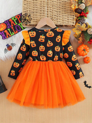 Young Girl Pumpkin Print Mesh Patchwork Puff Skirt, Halloween