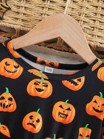 Young Girl Pumpkin Print Mesh Patchwork Puff Skirt, Halloween