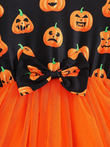 Young Girl Pumpkin Print Mesh Patchwork Puff Skirt, Halloween