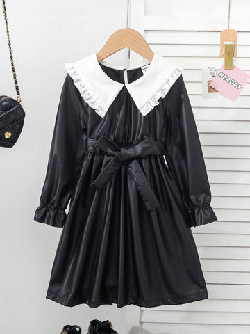Young Girl' Punk Style Fitted Waist Long Sleeve Black Dress With Matching Belt, Spring/Autumn