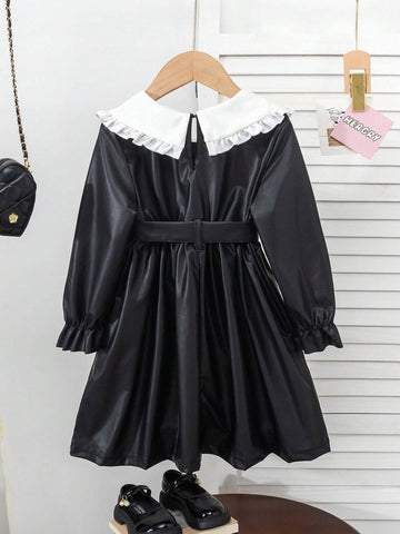 Young Girl' Punk Style Fitted Waist Long Sleeve Black Dress With Matching Belt, Spring/Autumn