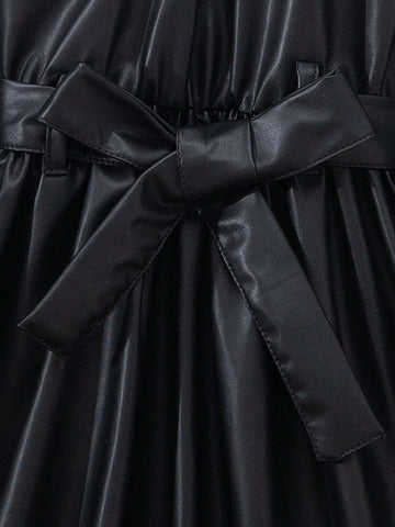Young Girl' Punk Style Fitted Waist Long Sleeve Black Dress With Matching Belt, Spring/Autumn