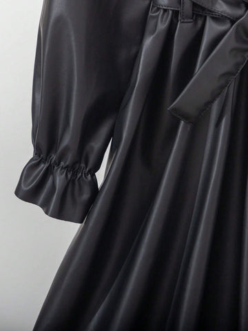 Young Girl' Punk Style Fitted Waist Long Sleeve Black Dress With Matching Belt, Spring/Autumn