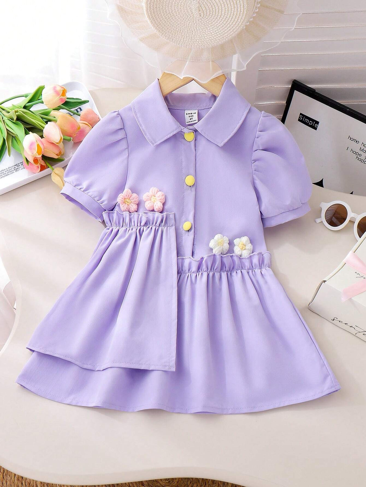 Young Girl' Purple Colorblock Polo Collar Short Sleeve Floral Knit Dress, Elegant Cute Summer Outfit