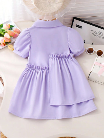 Young Girl' Purple Colorblock Polo Collar Short Sleeve Floral Knit Dress, Elegant Cute Summer Outfit