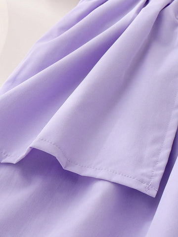 Young Girl' Purple Colorblock Polo Collar Short Sleeve Floral Knit Dress, Elegant Cute Summer Outfit