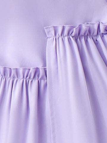 Young Girl' Purple Colorblock Polo Collar Short Sleeve Floral Knit Dress, Elegant Cute Summer Outfit