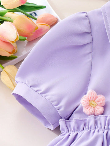 Young Girl' Purple Colorblock Polo Collar Short Sleeve Floral Knit Dress, Elegant Cute Summer Outfit