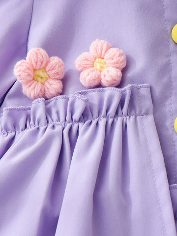 Young Girl' Purple Colorblock Polo Collar Short Sleeve Floral Knit Dress, Elegant Cute Summer Outfit