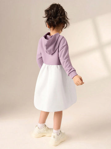 Young Girl Purple Hooded Patchwork White Half Dress, Comfortable Casual All-Match Versatile