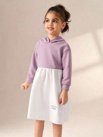 Young Girl Purple Hooded Patchwork White Half Dress, Comfortable Casual All-Match Versatile