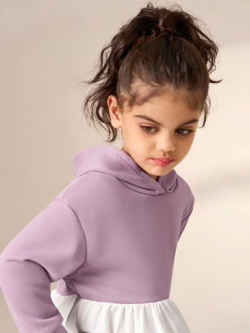 Young Girl Purple Hooded Patchwork White Half Dress, Comfortable Casual All-Match Versatile