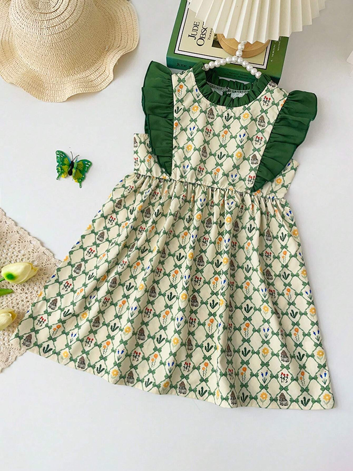 Young Girl Rabbit Floral Spaghetti Strap Dress With Ruffle Hem, Summer